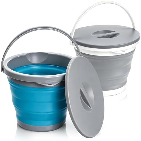 Bekith 2 Pack Collapsible Plastic Bucket with Locking Lid, 5L / 1.32 Gallon Foldable Round Tub Portable Fishing Water Pail for Hiking, Backpacking, Camping and Outdoor Survival (Blue, Gray)