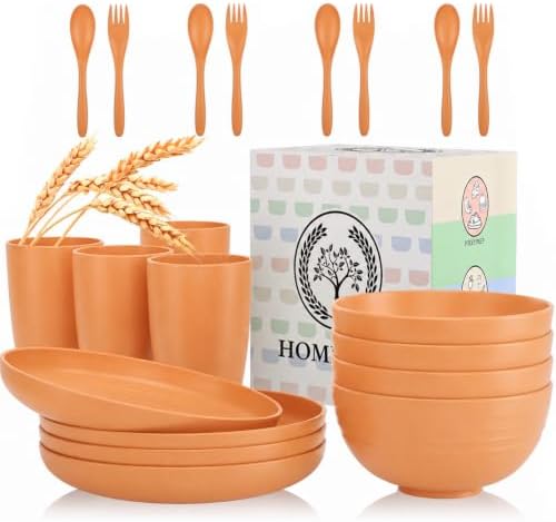 Wheat Straw Dinnerware Sets, Homienly 20pcs Unbreakable Microwave Dishwasher Safe Tableware Lightweight Bowls, Cups, Plates Set Reusable Dinner Plates Bowls set (Orange)
