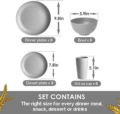 Teivio 32-Piece Plates and Bowls Sets for 8, Light Gray Dinnerware Sets