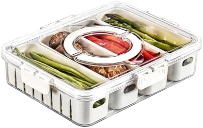 Divided Veggie Tray with Lid and Handle 4 Compartment Serving Tray Portable Travel Snack Storage Containers Stackable Snackle Box Charcuterie Container for Fruit,Vegetable,Salad