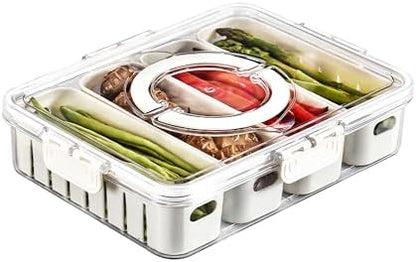 Divided Veggie Tray with Lid and Handle 4 Compartment Serving Tray Portable Travel Snack Storage Containers Stackable Snackle Box Charcuterie Container for Fruit,Vegetable,Salad