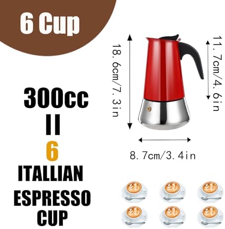 6 Cup Stovetop Espresso Maker Stainless Steel Moka Pot Stove Top Percolator Italian Coffee Makers Capable Mocha Greca Machine Cafe Classic Induction Cookers for Home and Camping 300ml 10oz