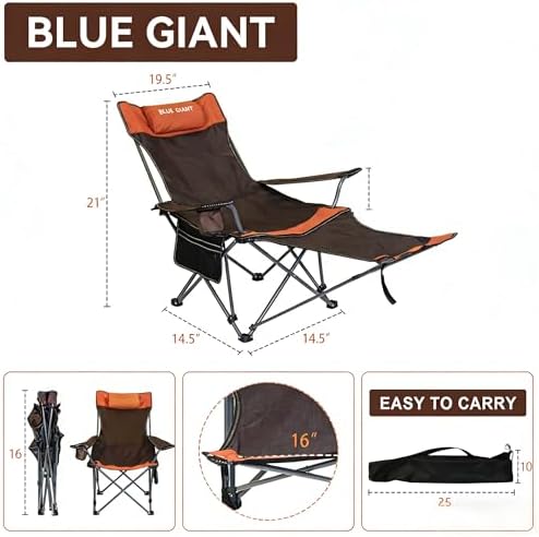 2 Pack Adjustable Folding Camping Chairs with Detachable Footrest and Headrest, Lightweight and Portable, Ideal for Hiking, Travel, Fishing and Outdoor Activities (Orange)