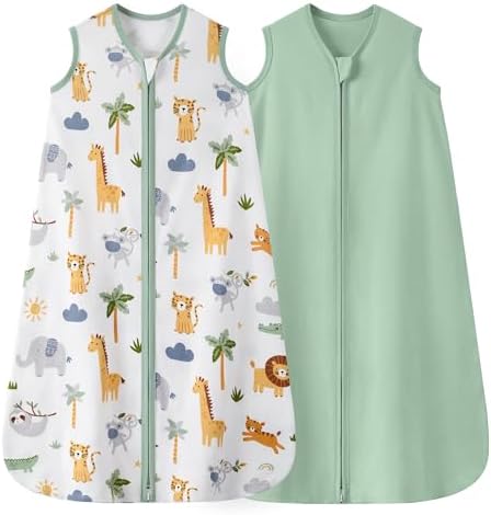Baby Sleep Sack 12-18 Months 0.5 TOG, 100% Cotton Baby Wearable Blanket 2 Pack with 2-Way Zipper, Lightweight Sleep Bag for Boys ＆ Girls Toddler Breathable Sleeing Sack Green Animal