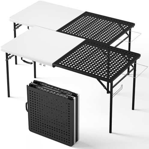 Folding Table 2 Pack, 5ft Folding Grill Table, Portable Camping Table for Cooking&BBQ Prep, 2-in-1 Metal&Solid Surface Foldable Grill Station for Camping Cooking, Backyard, Patio Use(Black and White)