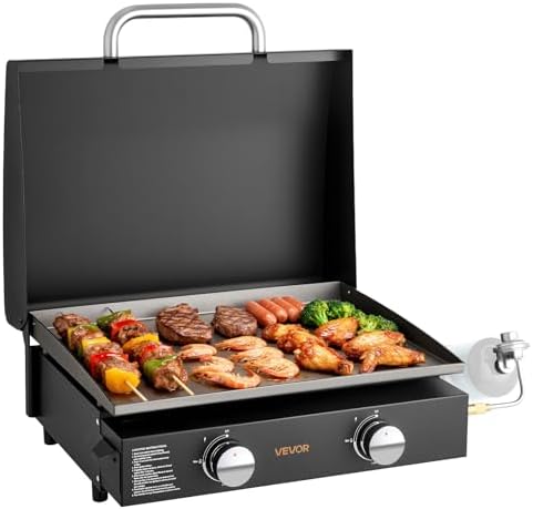 VEVOR Gas Griddle, 2 Burner Tabletop Griddle, 22 inch Portable Griddles Propane with Lid, Oil Drain Hole & Oil Collection Tray, 22000BTU Camping Flat Top Grill for Outdoor Cooking, Tailgating