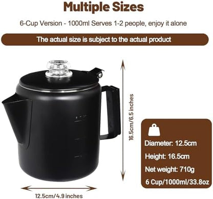 6 Cup Percolator 304 Stainless Steel Coffee Pot Coffee Maker Coffee Machine with Solid Wood Handle Transparent Knob Stovetop Greca Mocha for Induction Home and Camping 1000ml 33.8oz Black