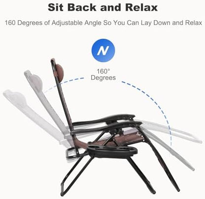 Nazhura Set of 2 Relaxing Recliners Patio Chairs Adjustable Steel Mesh Zero Gravity Lounge Chair Beach Chairs with Pillow and Cup Holder Khaki (Brown)