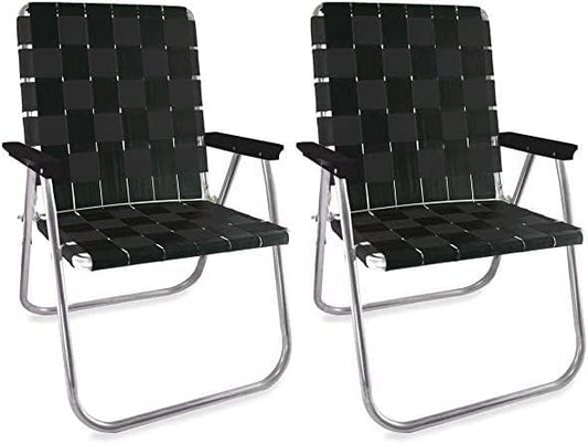 Lawn Chair USA - Outdoor Chairs for Camping. Made with Lightweight Aluminum Frames and UV-Resistant Webbing. Folds for Easy Storage 2- Pack (Black with Black Arms, Magnum)