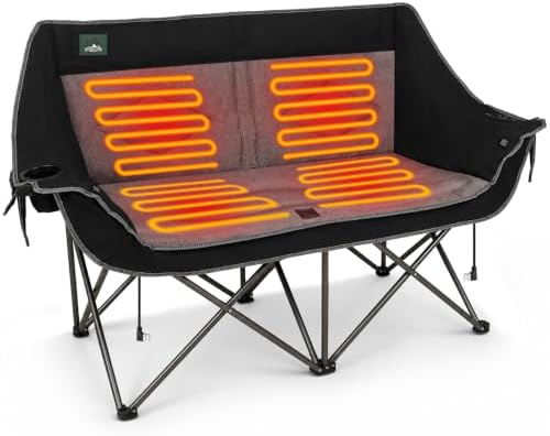 Northroad Heated Folding Loveseat Camping Chair Portable Double Duo Full Padded Garden Chair for 2 Person w/ 2 Cup Holder,Wine Glass Holder,Mesh Storage (Battery NOT Included)