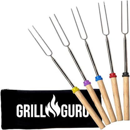 Grill Guru Smores Sticks for Fire Pit - Accessories for Campfire Marshmallow Roasting Sticks Smores Kit Outdoor-Smore Skewers Hot Dog Fork For Outside, Camping Essentials Bonfire Gear Long 32" 5 Pack