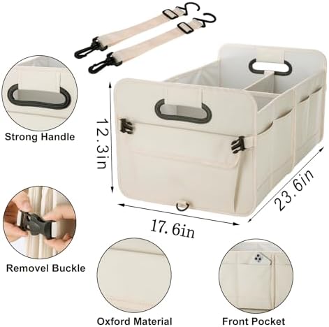 titiyiof Trunk Organizer For Suv & Sedan,Car Organizers and Storage, Waterproof Collapsible & Adjustable Straps,Sturdy Car Organization for Car Accessories, Tools,Food，Sundries,2-3 Compartment（Beige）
