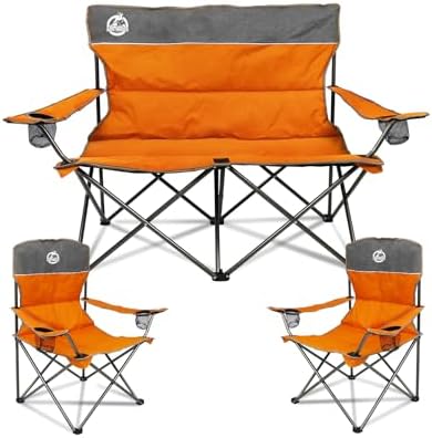Northroad Outdoor Camping Chair Set of 3,Folding Padded Camp Chair w/1 Sofa,2 Single Chairs,Collapsible Conversation Set for Family Patio, Beach(Orange)