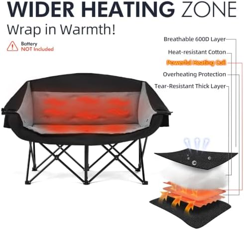Heated Double Camping Chair - Heated Loveseat Padded Chairs for 2 Person