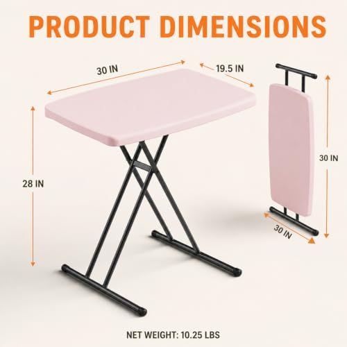 Folding Table, 30 Inch TV Tray with 3 Levels Adjustable Height, Heavy Duty No Assembly Foldable Small Table for Eating or Working on Couch, Living Room, Office, Indoor and Outdoor Use(Pink)