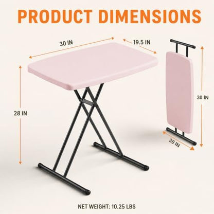 Folding Table, 30 Inch TV Tray with 3 Levels Adjustable Height, Heavy Duty No Assembly Foldable Small Table for Eating or Working on Couch, Living Room, Office, Indoor and Outdoor Use(Pink)