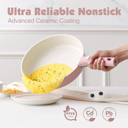 SENSARTE 17 Piece Ceramic Detachable Handle Pots and Pans Set Pink