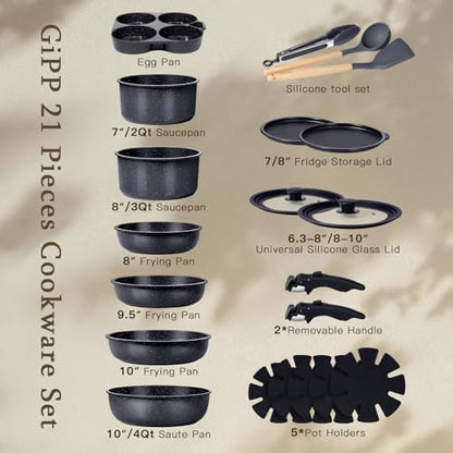 GIPP Pots and Pans Set Non Stick,Kitchen Cookware Set Detachable Handle, Non Toxic Cooking Pan Set with Frying Pans Set,RV Cookware Sets for All Stoves,Dark Grey,21PCS