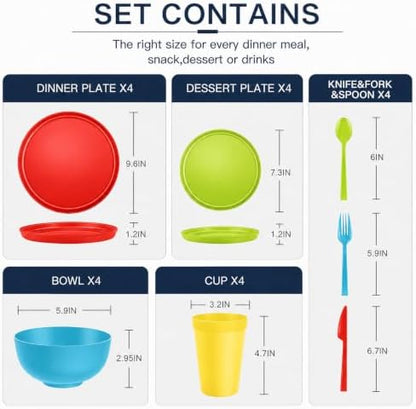 28 Piece Plates and Bowls Sets for 4, Kitchen Dinnerware Sets, Plastic