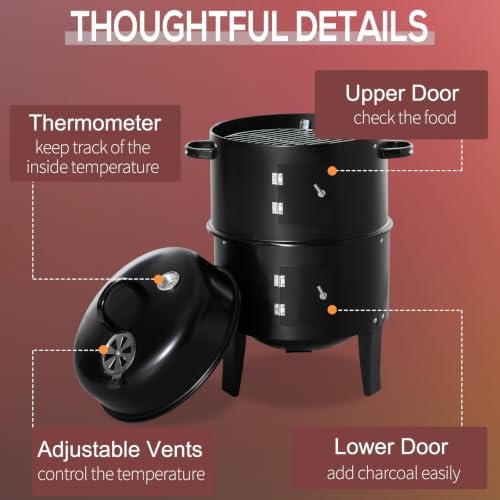 Outsunny Vertical Charcoal BBQ Smoker 3-in-1 16" Round, Black