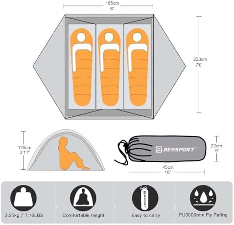 Bessport Camping Tent for 2-3 Person, Lightweight Backpacking Tent Waterproof Windproof Two Doors Easy Setup Double Layer Outdoor Tents for 3 to 4 Seasons, Suitable for Outdoor,Hiking,Camping