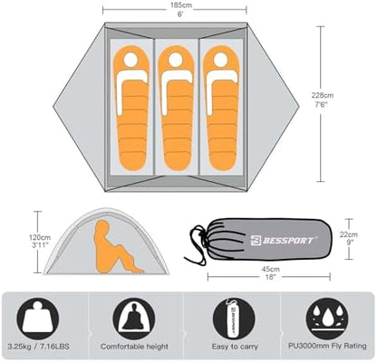 Bessport Camping Tent for 2-3 Person, Lightweight Backpacking Tent Waterproof Windproof Two Doors Easy Setup Double Layer Outdoor Tents for 3 to 4 Seasons, Suitable for Outdoor,Hiking,Camping