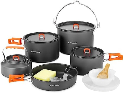 Odoland 18pcs Camping Cookware Large Size Hanging Pot Pan Kettle Set with Plastic Plates Bowls Soup Spoon for Camping, Backpacking, Outdoor Cooking and Picnic