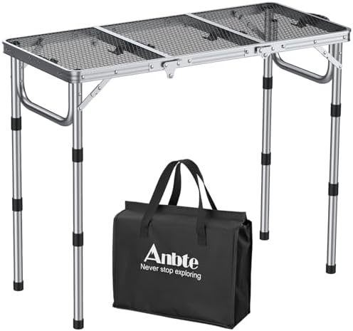 Anbte 3ft Folding Grill Table with Storage Bag, 3 Adjustable Height 27.5" Aluminum Portable Grill Table, Heat Resistant, Lightweight, Portable Handle for BBQ Cooking Camping Travel, 35" X 16", Silver