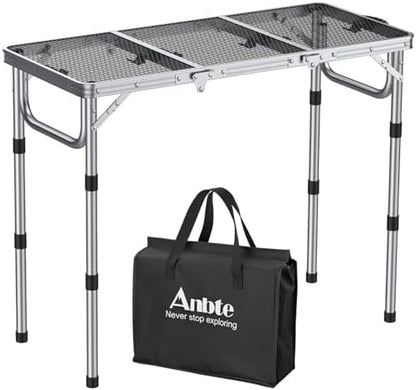 Anbte 3ft Folding Grill Table with Storage Bag, 3 Adjustable Height 27.5" Aluminum Portable Grill Table, Heat Resistant, Lightweight, Portable Handle for BBQ Cooking Camping Travel, 35" X 16", Silver
