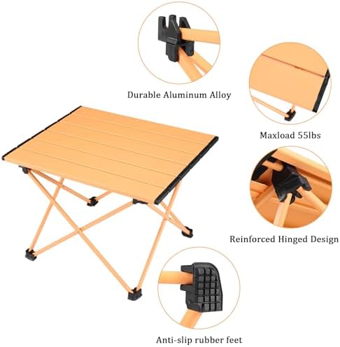 Tesouro Portable Camping Table,Folding Side Table Aluminum Top for Outdoor Cooking, Hiking, Travel, Picnic (Apricot-Large)