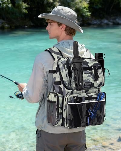 HXLGMD Fishing Backpack with Rod Holders, 43L Large Water Resistant Tackle Bag Storage Gear and Equipment with Cooler for Men Fishing, Camping, Hiking, Grey