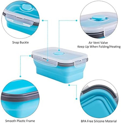 Collapsible Food Storage Containers with Airtight Lid & Air Vent, 16.9 oz, Kitchen Stacking Silicone Collapsible Meal Prep Container Set for Leftover, Microwave Freezer Dishwasher Safe, Blue, Set of 4