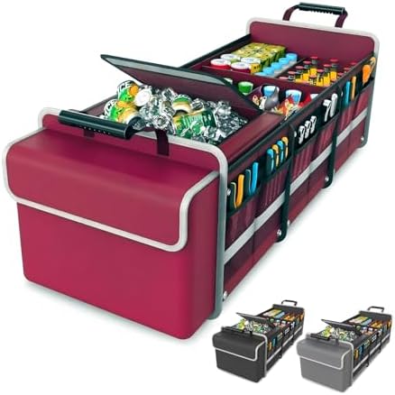Large Trunk Organizer for SUV with Premium Portable Cooler Bag, Car Organizers and Storage with Foldable Cover, Collapsible Car Trunk Bed Organizer for Truck, 2 Retractable Straps, 90L+20L, Wine Red-C