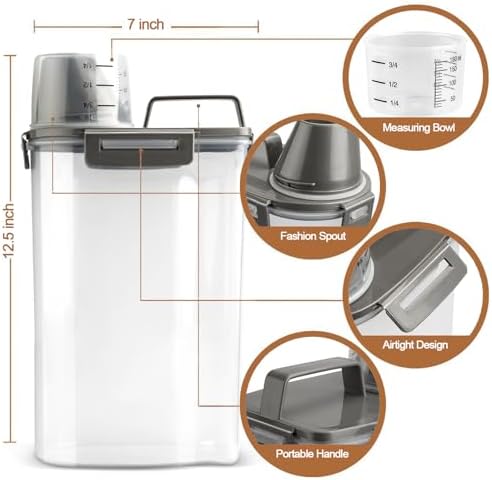TIOVERY Upgraded Dog Food Storage Container Small, Cat Food Container Airtight, Pet Food Container Dispenser with Pour Spout, Measuring Cup and 4 Seal Buckles for Dogs, Cats, Birds (Grey)