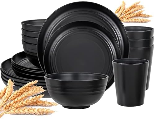 LIYH 16Pcs Black Unbreakable Wheat Straw Dinnerware Sets for RV Camping