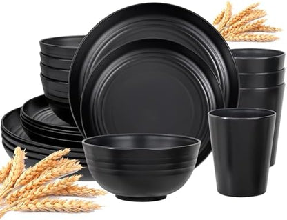 LIYH 16Pcs Black Unbreakable Wheat Straw Dinnerware Sets for RV Camping