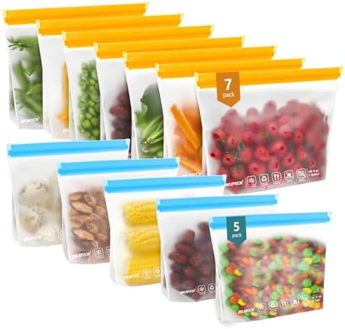 IDEATECH Reusable Bags for Food, Snack, Sandwich Storage, Dishwasher Safe & Leakproof Freezer Bags, Large Gallon & Quart BPA Free Reusable Baggies for Marinate Meats, Lunch, Trave(12Pack, Colored)