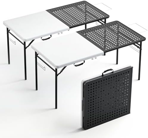 2 Pack 5ft Folding Table for Picnic Camping, Portable Outdoor Table with Metal Grid Grilling Surface, Heavy Duty Foldable Table for Cook Prep,Suitable for Camping, Backyard, Patio and Beach.