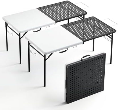 2 Pack 5ft Folding Table for Picnic Camping, Portable Outdoor Table with Metal Grid Grilling Surface, Heavy Duty Foldable Table for Cook Prep,Suitable for Camping, Backyard, Patio and Beach.
