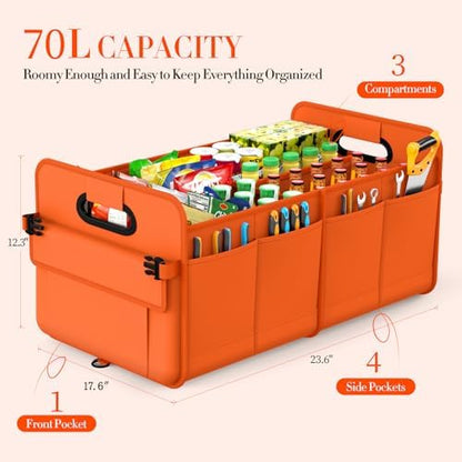 titiyiof Trunk Organizer For Suv & Sedan,Car Organizers and Storage, Waterproof Collapsible & Adjustable Straps,70L Sturdy Car Organization for Car Accessories, Tools,Sundries,2-3Compartment（Orange