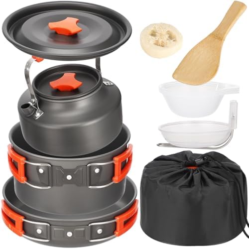 10 PCS Camping Cookware Set, Camp Pot Pan Kettle Plastic Bowls Soup Spoon, Lightweight Aluminum Outdoor Cooking Set with Drawstring Storage Bag for Backpacking Hiking RV Trip