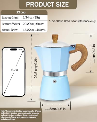 Coffee Maker Stovetop Espresso Maker 12 Cup Aluminum Moka Pot Percolator 20oz 600ml Easy Brewing for Electric Ceramic Stoves Home Camping Italian Cuban Café Classic Blue