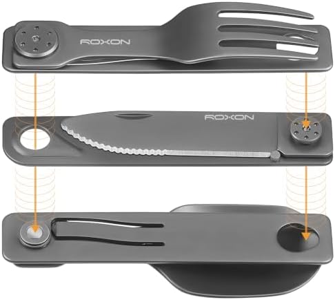 ROXON 3-in-1 Camping Utensils Set (Knife, Spoon, Fork) Titanium-Plated Grey