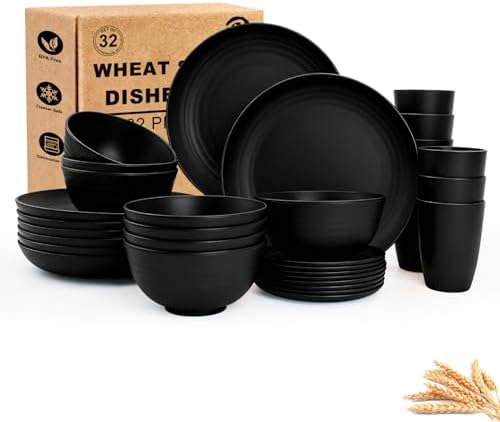 Wheat Straw Dinnerware Sets for 8, Unbreakable Dishes Set - Black