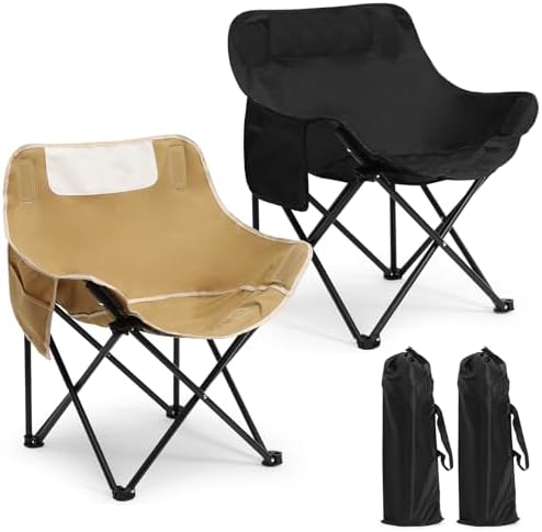 2 Pack Folding Camping Chairs Portable, Black, Khaki, Solid Color