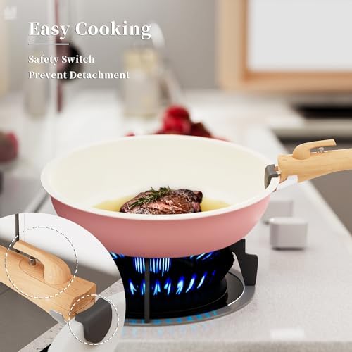 ShanSon 6 Pieces Kitchen Non-Stick Cookware Sets with Removable Handle, Stackable Pots and Pans Set Nonstick for Induction Gas RVs Camping Space Saving，Pink