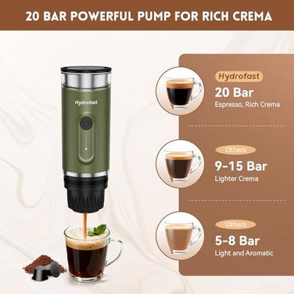 PO100 Portable Electric Espresso Machine, Self-Heating Travel Coffee Maker, Dual Use for Ground & Nespresso Capsules, Portable Coffee Brewer for Camping Car Office