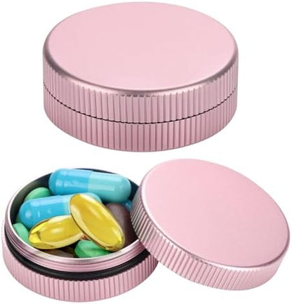Aluminium Pill Case, 2Pcs Small Metal Pill Boxes for Purse, Tiny Waterproof Medicine Organizer Container, Portable Round Vitamin Holder, Compact Medication Dispenser Caddy for Camping, Travel - Pink