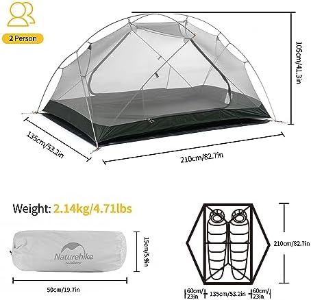 Naturehike Mongar 2 Person Backpacking Tent, 3 Season Ultralight Lightweight 2 Person Tent, Double Layer Free Standing Tents for Camping Hiking Cycling