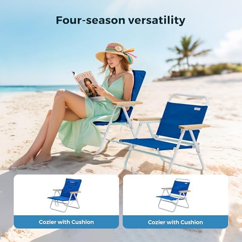 SUNNYFEEL Foldable Beach Chair, Beach Chair Backup with Wood Armrest & Cushion, Lightweight Camping Chair Heavy Duty for Beach, Camping, Lawn, Outdoor, Blue, 2 Pack